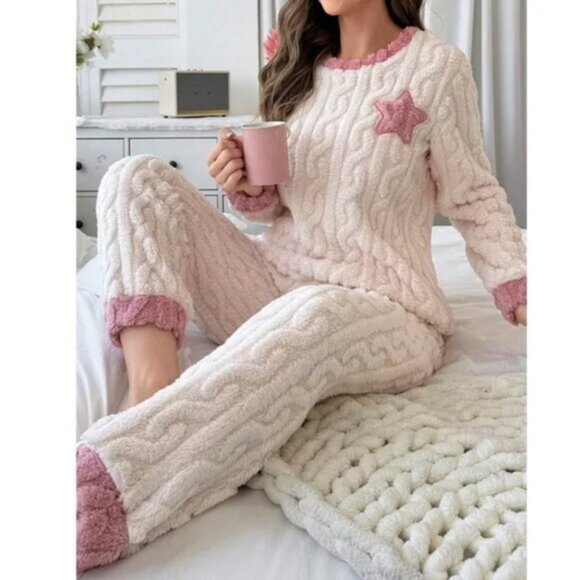 Cozy Teddy Textured Color Block Pajamas Lounge Set - Picture 1 of 4